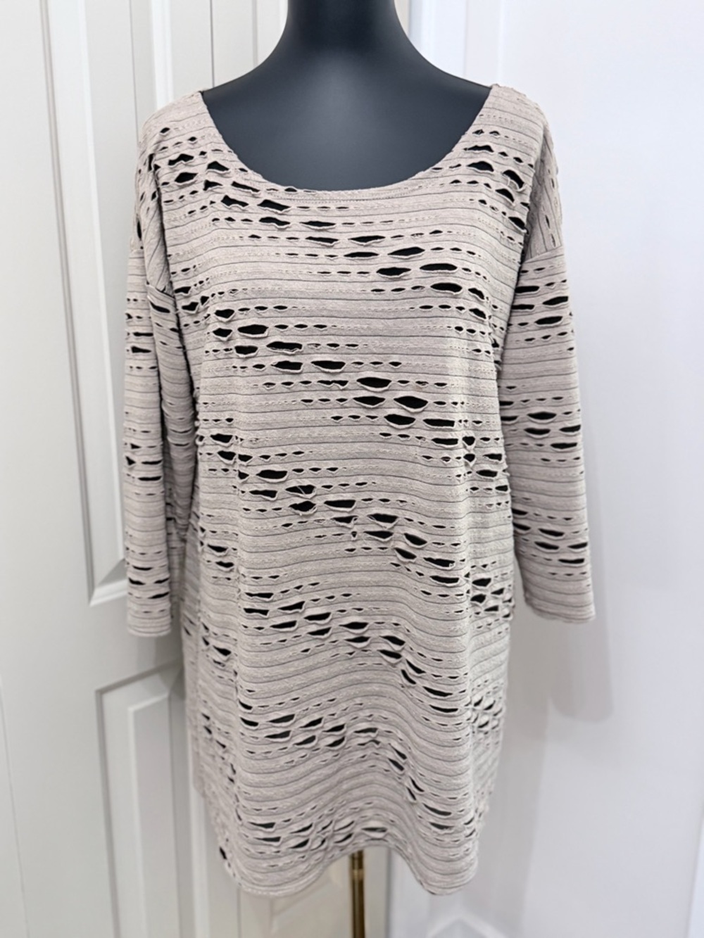 R. Rouge Distressed Knit Tunic Top Beige Cutout Slouchy Oversized
